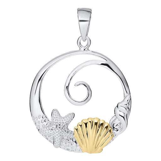 Silver pendant with starfish and gold shell on a white background