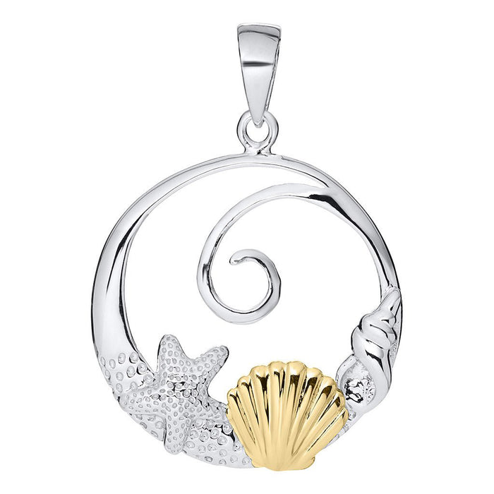 Silver pendant with starfish and gold shell on a white background