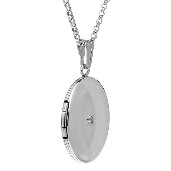 Silver locket necklace with a diamond on a white background