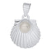 Silver pendant shaped like a shell with a pearl inside on a white background