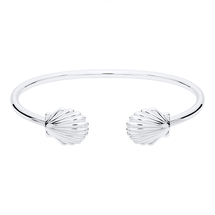 Silver bracelet with shell designs on a white background