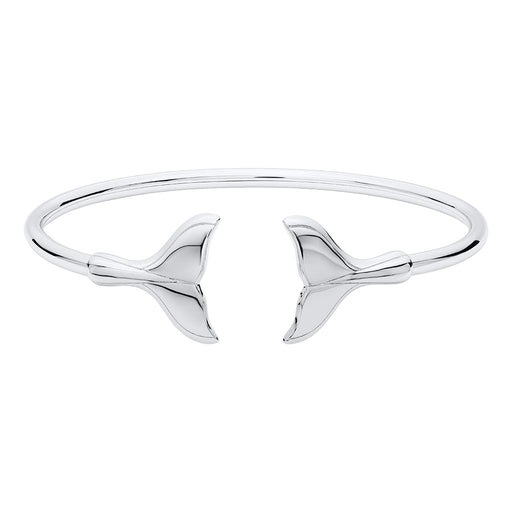 Silver bangle with whale tail design on a white background