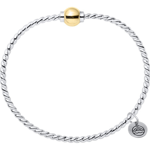 Silver bracelet with a gold clasp on a white background