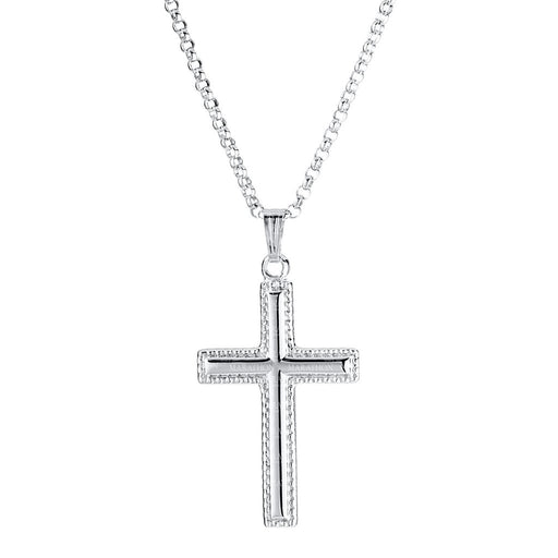 Silver cross pendant necklace on a white background