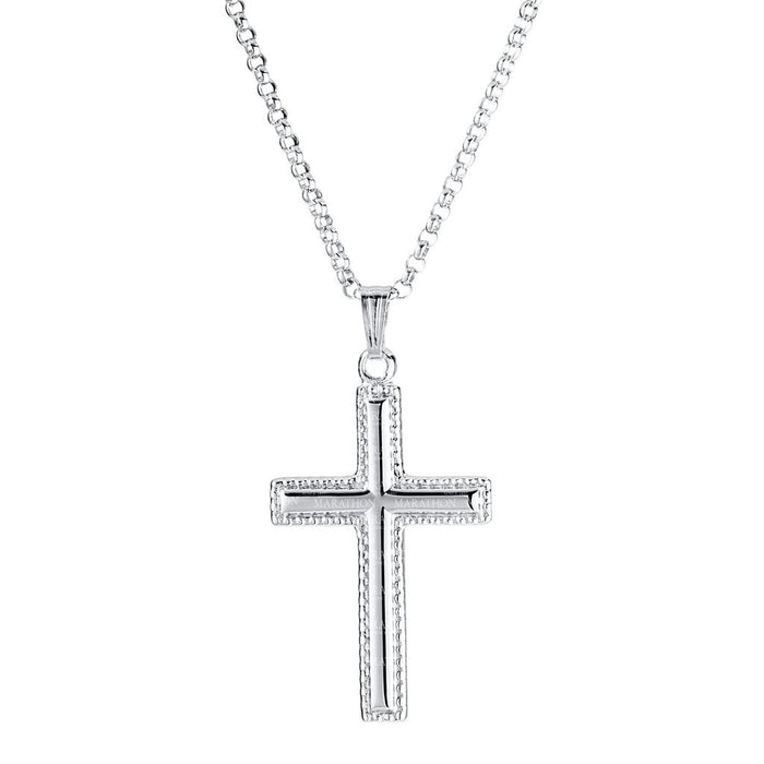 Silver cross pendant necklace on a white background