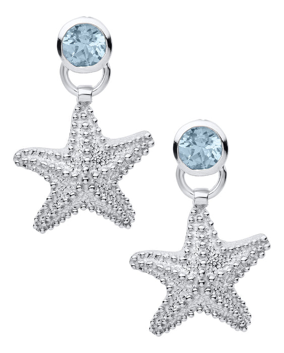 Starfish-shaped earrings with blue gemstones on a white background