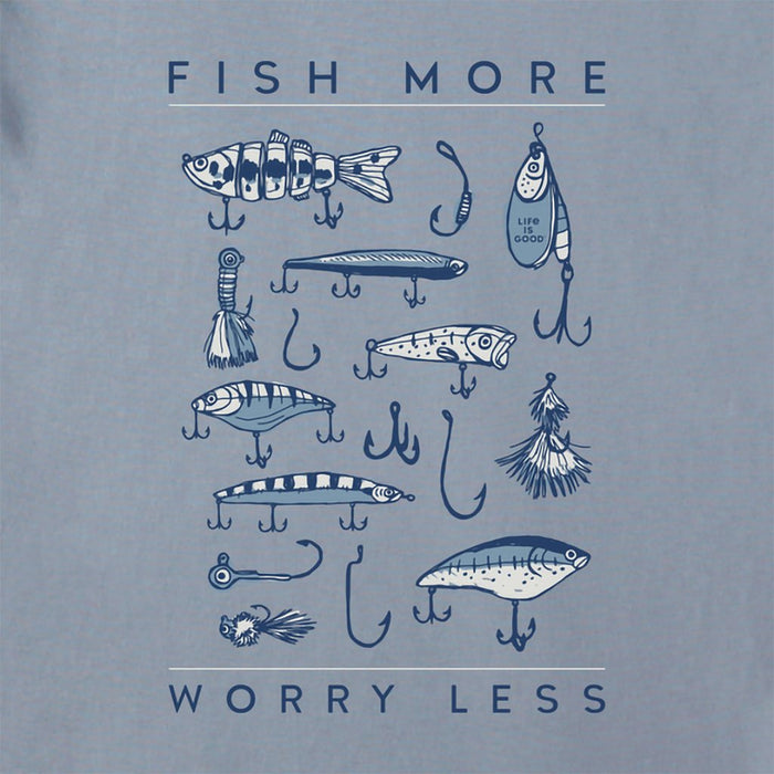 Life Is Good : Fish More Worry Less Hooks and Tackle Long Sleeve Crusher Tee in Stone Blue - Life Is Good : Fish More Worry Less Hooks and Tackle Long Sleeve Crusher Tee in Stone Blue