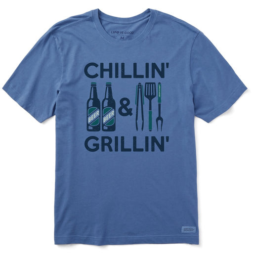 Life Is Good : Men's Chillin' & Grillin' Beer & BBQ Short Sleeve Tee in Vintage Blue - Life Is Good : Men's Chillin' & Grillin' Beer & BBQ Short Sleeve Tee in Vintage Blue