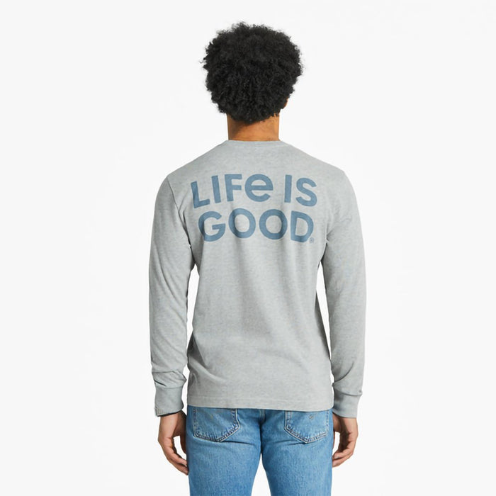 Life Is Good : Men's LIG Wordmark Stack Long Sleeve Crusher Tee in Heather Gray - Life Is Good : Men's LIG Wordmark Stack Long Sleeve Crusher Tee in Heather Gray