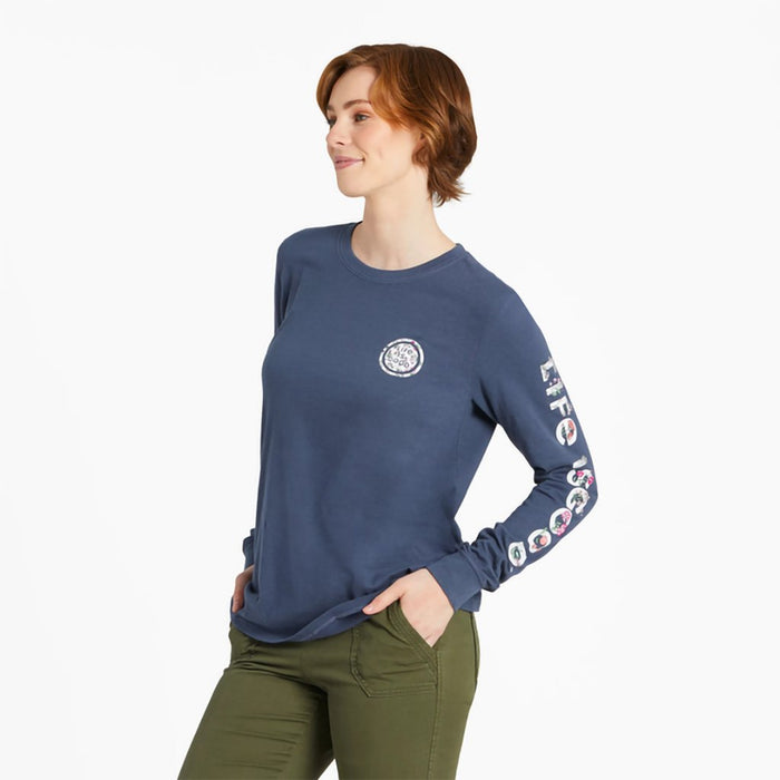 Life Is Good : Women's Botanical Garden LIG - Long Sleeve Crusher T-Shirt in Darkest Blue - Life Is Good : Women's Botanical Garden LIG - Long Sleeve Crusher T-Shirt in Darkest Blue