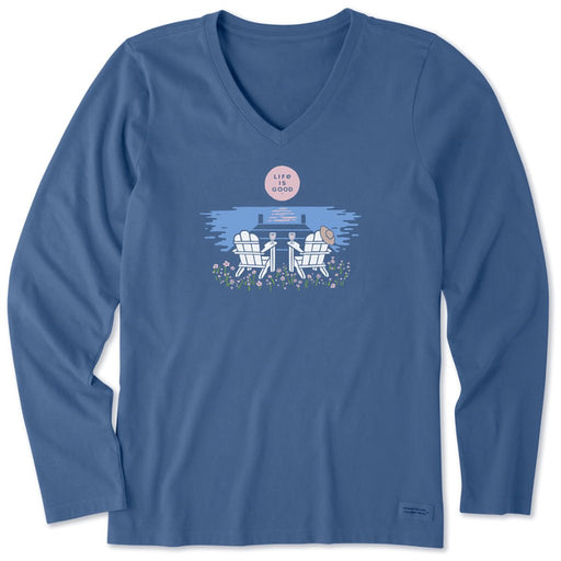 Life Is Good : Women's Clean Adirondack Dock - Long sleeve Crusher V - Neck in Vintage Blue - Life Is Good : Women's Clean Adirondack Dock - Long sleeve Crusher V - Neck in Vintage Blue