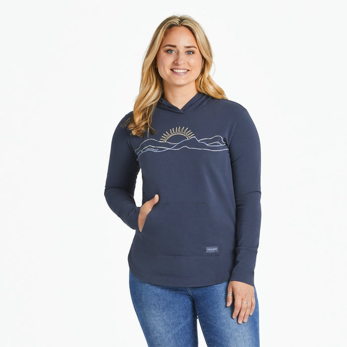 Life Is Good : Women's Freehand Mountain Sun Crusher - FLEX Hoodie Tunic in Inkwell Blu - Life Is Good : Women's Freehand Mountain Sun Crusher - FLEX Hoodie Tunic in Inkwell Blu