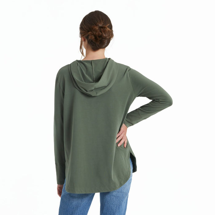 Life Is Good : Women's Groovy Breathe Sun Crusher - FLEX Hoodie Tunic in Dark Moss Green - Life Is Good : Women's Groovy Breathe Sun Crusher - FLEX Hoodie Tunic in Dark Moss Green