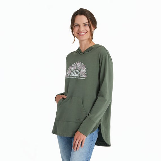 Life Is Good : Women's Groovy Breathe Sun Crusher - FLEX Hoodie Tunic in Dark Moss Green - Life Is Good : Women's Groovy Breathe Sun Crusher - FLEX Hoodie Tunic in Dark Moss Green