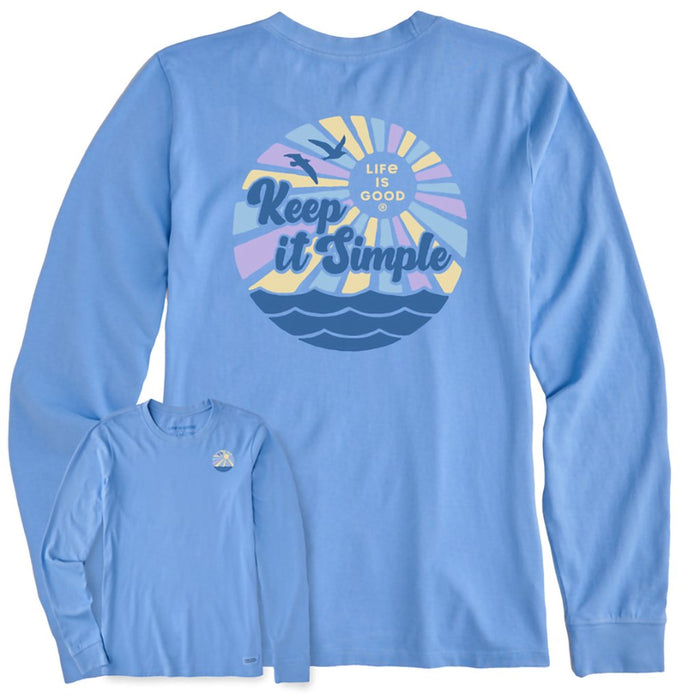 Life Is Good : Women's Groovy Keep it Simple Sun & Sea - Long Sleeve Crusher T-Shirt in Cornflower Blue - Life Is Good : Women's Groovy Keep it Simple Sun & Sea - Long Sleeve Crusher T-Shirt in Cornflower Blue