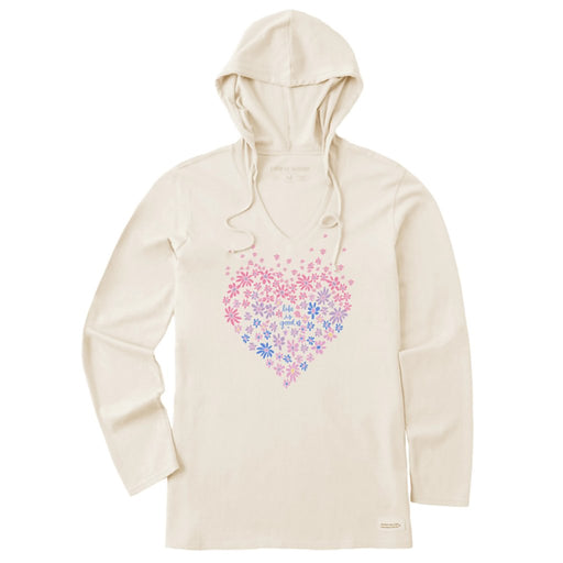 Life Is Good : Women's Heart Daisy Long Sleeve Crusher-LITE Hooded Tee in Putty White - Life Is Good : Women's Heart Daisy Long Sleeve Crusher-LITE Hooded Tee in Putty White