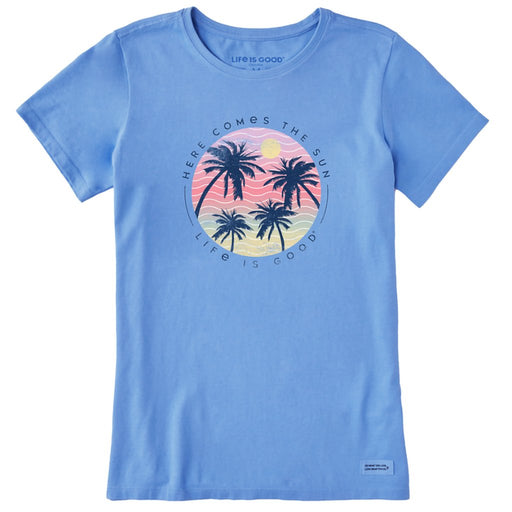 Life Is Good : Women's Here Comes the Sun Palms Short Sleeve Tee in Cornflower Blue - Life Is Good : Women's Here Comes the Sun Palms Short Sleeve Tee in Cornflower Blue