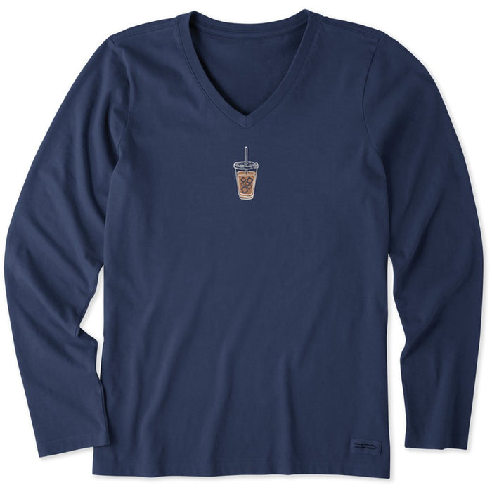 Life Is Good : Women's Iced Coffee - Long sleeve Crusher V - Neck in Darkest Blue - Life Is Good : Women's Iced Coffee - Long sleeve Crusher V - Neck in Darkest Blue