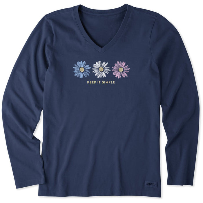 Life Is Good : Women's Keep it Simple Trio Daisy - Long sleeve LITE Crusher V - Neck in Darkest Blue - Life Is Good : Women's Keep it Simple Trio Daisy - Long sleeve LITE Crusher V - Neck in Darkest Blue