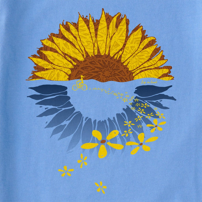 Life Is Good : Women's Macro - Micro Sunflower Bike Ride - Crusher V - Neck in Cornflower Blue - Life Is Good : Women's Macro - Micro Sunflower Bike Ride - Crusher V - Neck in Cornflower Blue