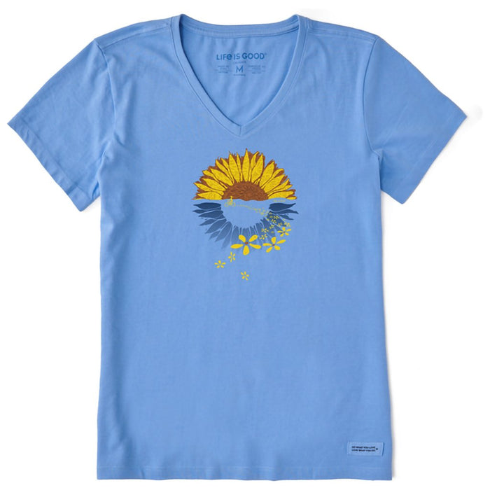 Life Is Good : Women's Macro - Micro Sunflower Bike Ride - Crusher V - Neck in Cornflower Blue - Life Is Good : Women's Macro - Micro Sunflower Bike Ride - Crusher V - Neck in Cornflower Blue