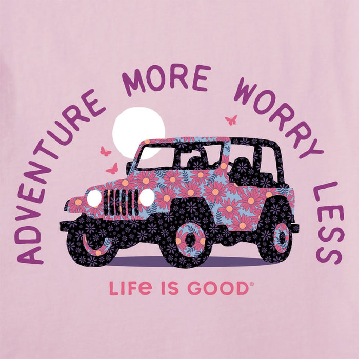 Life Is Good : Women's Patterna Adventure More Worry Less 4x4 - Long sleeve LITE Crusher T-Shirt in Seashell Pink - Life Is Good : Women's Patterna Adventure More Worry Less 4x4 - Long sleeve LITE Crusher T-Shirt in Seashell Pink