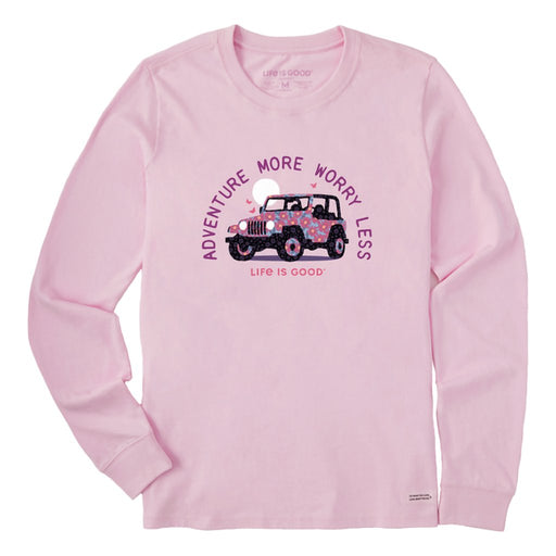 Life Is Good : Women's Patterna Adventure More Worry Less 4x4 - Long sleeve LITE Crusher T-Shirt in Seashell Pink - Life Is Good : Women's Patterna Adventure More Worry Less 4x4 - Long sleeve LITE Crusher T-Shirt in Seashell Pink