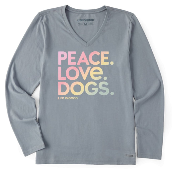 Life Is Good : Women's Peace Love Dogs - Long sleeve LITE Crusher V - Neck in Stone Blue - Life Is Good : Women's Peace Love Dogs - Long sleeve LITE Crusher V - Neck in Stone Blue