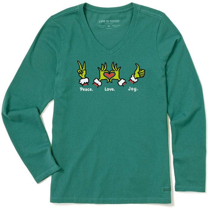 Life Is Good : Women's Peace Love Joy Grinch - Long Sleeve Crusher Vee - Life Is Good : Women's Peace Love Joy Grinch - Long Sleeve Crusher Vee