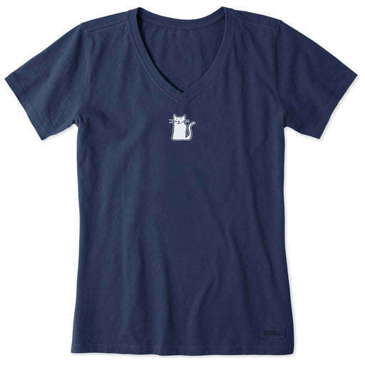 Life Is Good : Women's Quirky Kitty - Crusher V - Neck in Darkest Blue - Life Is Good : Women's Quirky Kitty - Crusher V - Neck in Darkest Blue