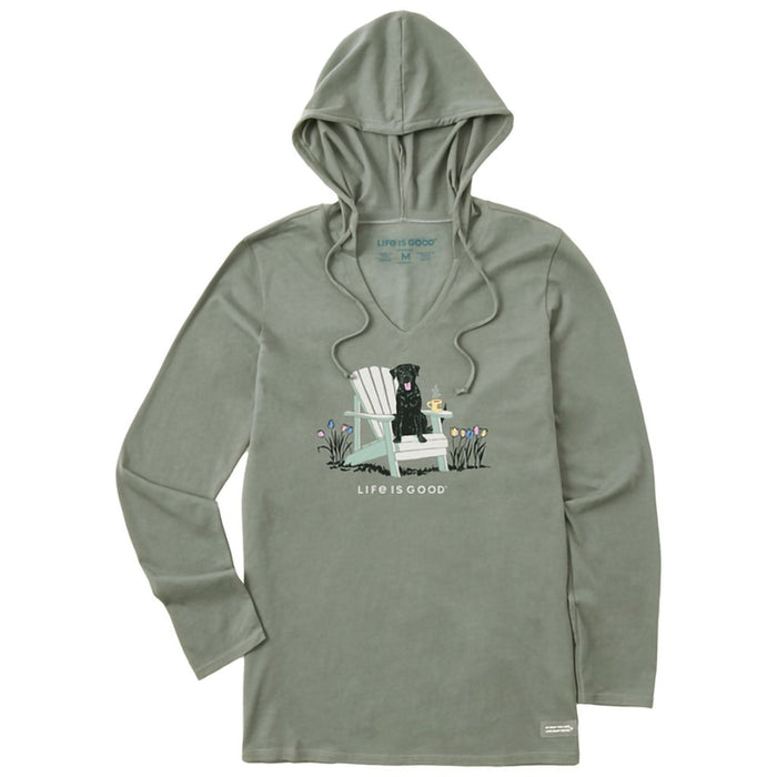 Life Is Good : Women's Realisn't Black Lab Adirondack - Long Sleeve Crusher - LITE Hooded T-Shirt in Moss Green - Life Is Good : Women's Realisn't Black Lab Adirondack - Long Sleeve Crusher - LITE Hooded T-Shirt in Moss Green