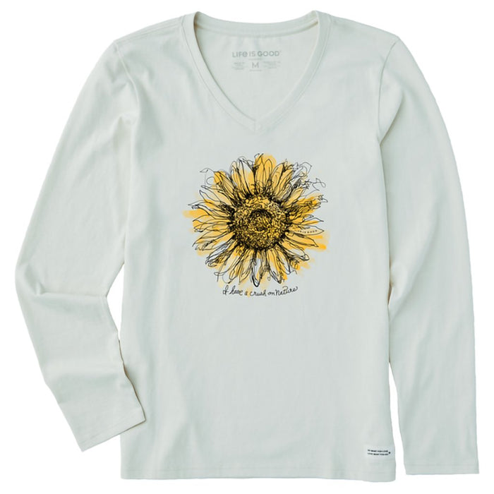 Life Is Good : Women's Scribbled Sunflower - Long sleeve Crusher V - Neck in Fog Gray - Life Is Good : Women's Scribbled Sunflower - Long sleeve Crusher V - Neck in Fog Gray