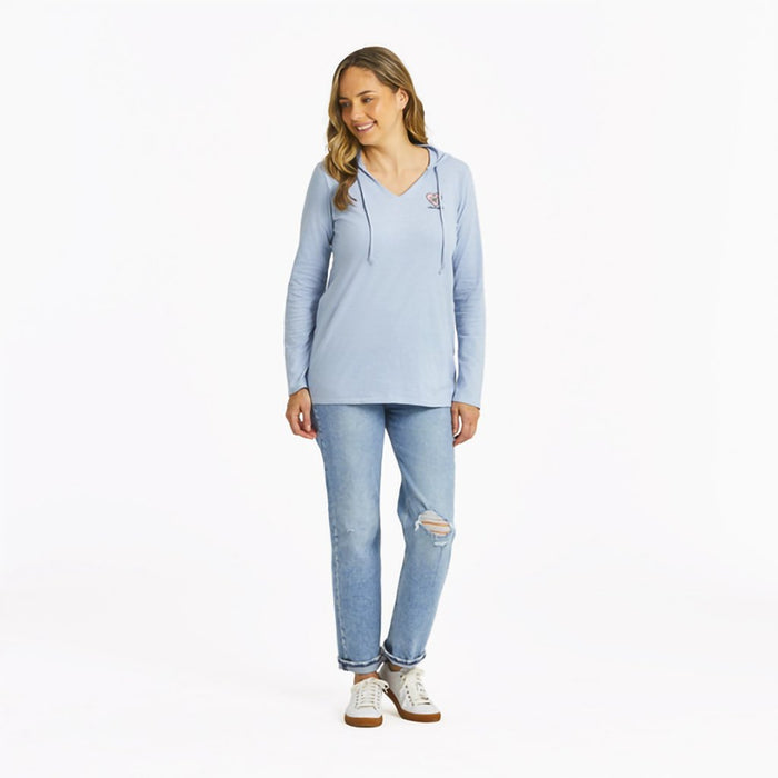 Life Is Good : Women's Simple Daisy Heart - Long Sleeve Striped Crusher - LITE Hooded Tee in Glacier Blue - Life Is Good : Women's Simple Daisy Heart - Long Sleeve Striped Crusher - LITE Hooded Tee in Glacier Blue