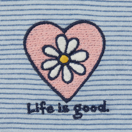 Life Is Good : Women's Simple Daisy Heart - Long Sleeve Striped Crusher - LITE Hooded Tee in Glacier Blue - Life Is Good : Women's Simple Daisy Heart - Long Sleeve Striped Crusher - LITE Hooded Tee in Glacier Blue