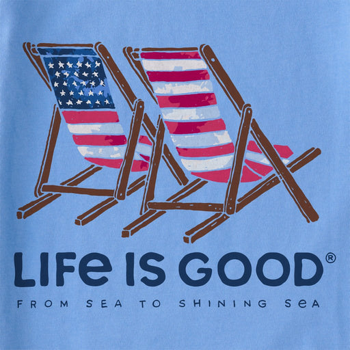 Life Is Good : Women's Tie Dye Americana Beach Chairs Short Sleeve Tee in Cornflower Blue - Life Is Good : Women's Tie Dye Americana Beach Chairs Short Sleeve Tee in Cornflower Blue