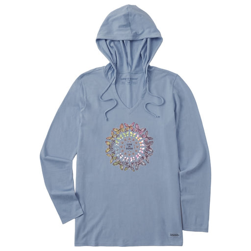 Life Is Good : Women's Tie Dye Butterfly Daisy Mandala - Long Sleeve Crusher - LITE Hooded T-Shirt in Stone Blue - Life Is Good : Women's Tie Dye Butterfly Daisy Mandala - Long Sleeve Crusher - LITE Hooded T-Shirt in Stone Blue