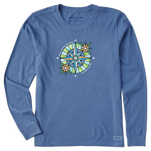 Life Is Good : Women's Washy Floral Compass Richer - Long Sleeve Crusher - LITE T-Shirt in Vintage Blue - Life Is Good : Women's Washy Floral Compass Richer - Long Sleeve Crusher - LITE T-Shirt in Vintage Blue