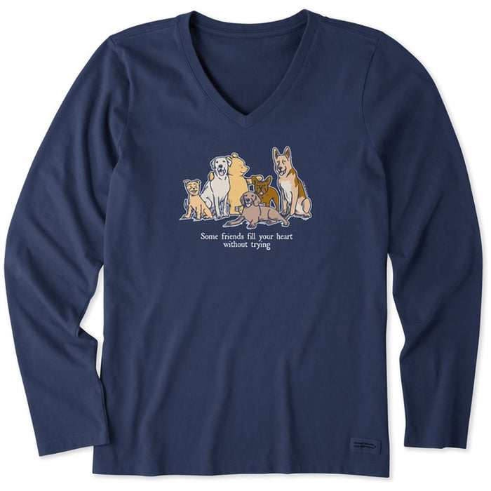 Life Is Good : Women's Winnie Friends Fill Your Heart - Long sleeve Crusher V - Neck in Darkest Blue - Life Is Good : Women's Winnie Friends Fill Your Heart - Long sleeve Crusher V - Neck in Darkest Blue