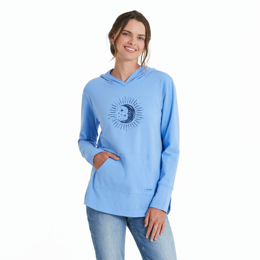 Life Is Good : Women's Woodcut Moon Stars Crusher - FLEX Hoodie Tunic in Cornflower Blue - Life Is Good : Women's Woodcut Moon Stars Crusher - FLEX Hoodie Tunic in Cornflower Blue