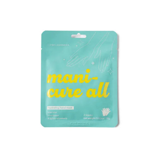 Teal package of 'mani-cure all' hand masks with yellow text on a white background