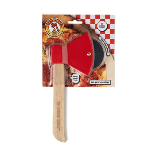 Pizza server with red handle and wooden handle on a checkered packaging background