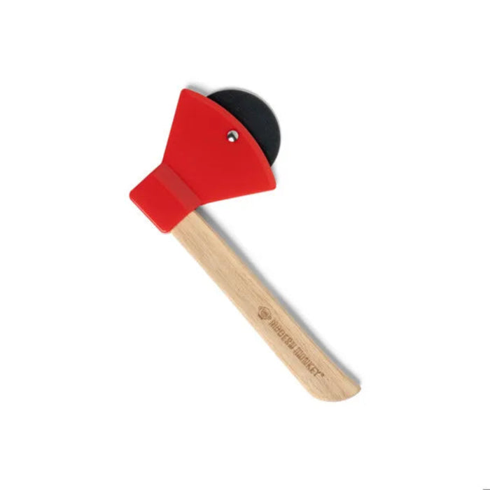 Red pizza cutter with wooden handle on a white background