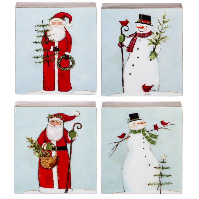 Four Christmas-themed coasters featuring Santa Claus and a snowman on a light blue background.