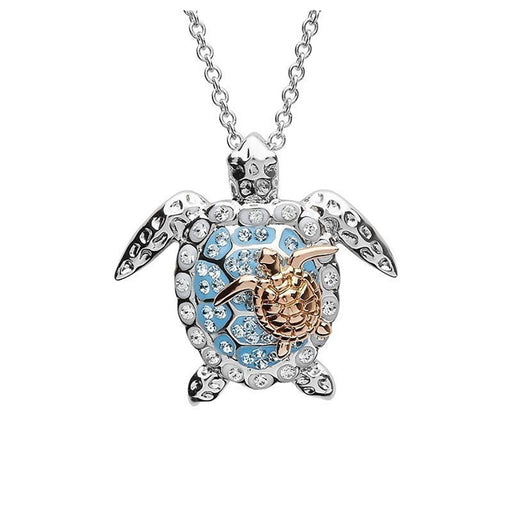 Ocean : Blue Crystal Turtle With Baby Pendant Silver and Rose Gold Necklace - Ocean : Blue Crystal Turtle With Baby Pendant Silver and Rose Gold Necklace