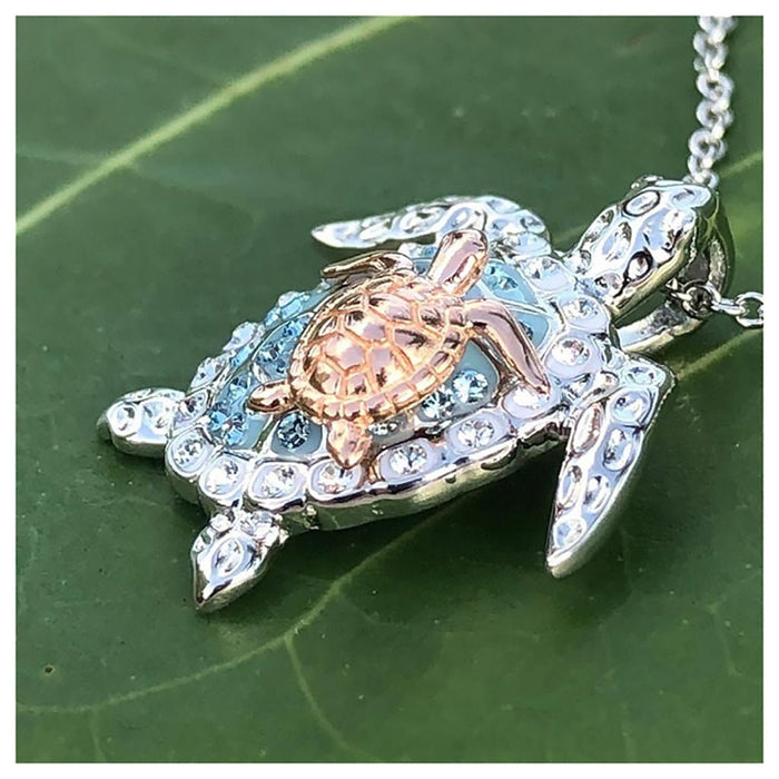 Ocean : Blue Crystal Turtle With Baby Pendant Silver and Rose Gold Necklace - Ocean : Blue Crystal Turtle With Baby Pendant Silver and Rose Gold Necklace