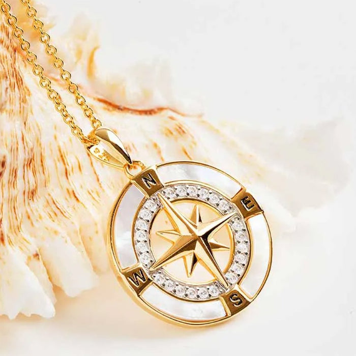 Ocean : Compass Necklace - 14kt Gold Vermeil MOP CZ - Ocean : Compass Necklace - 14kt Gold Vermeil MOP CZ