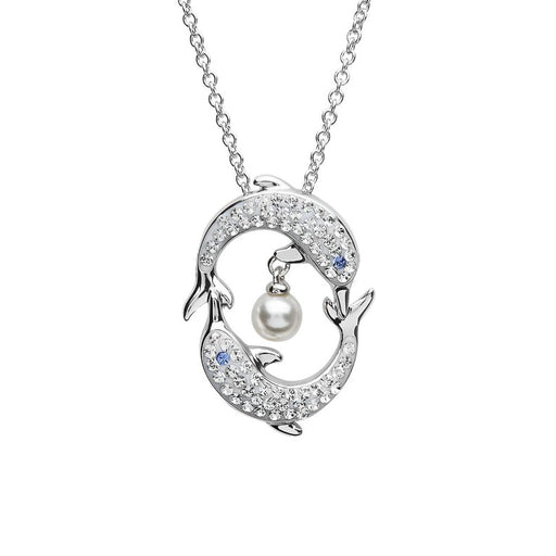 Ocean : Dolphin & Pearl Necklace With Clear Crystals - Ocean : Dolphin & Pearl Necklace With Clear Crystals