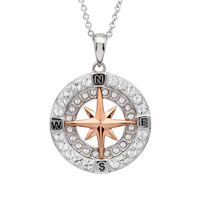 Ocean : Rose Gold Compass Necklace with Aqua Crystals - Ocean : Rose Gold Compass Necklace with Aqua Crystals