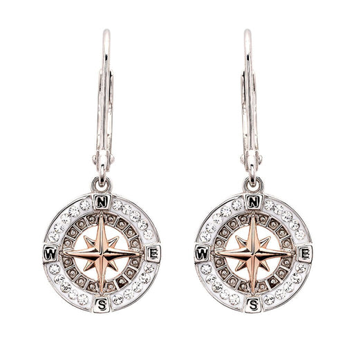 Ocean : Sterling Silver and Rose Gold Compass Earrings With Crystals - Ocean : Sterling Silver and Rose Gold Compass Earrings With Crystals