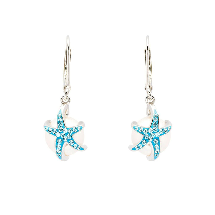 Ocean : Sterling Silver Pearl with Aqua Crystal Star Fish Earrings - Ocean : Sterling Silver Pearl with Aqua Crystal Star Fish Earrings